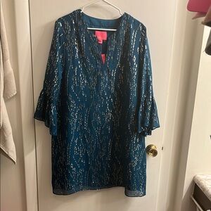 Lilly Pulitzer Blue Sequin Tunic Dress with V-Neck and 3/4 Sleeves